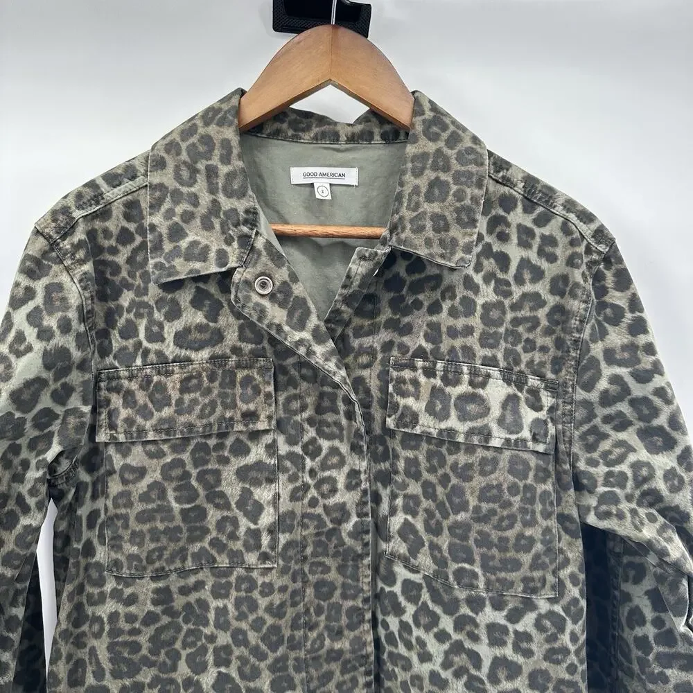 Good American Jacket Womens Medium‎ Green Utility Leopard Pockets Snap Boxy - Picture 2 of 11